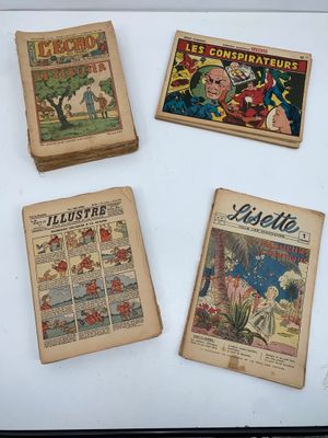Plusieurs bandes dessinées anciennes sont exposées dans une vitrine.