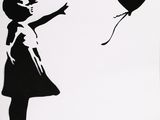 a black and white picture of a girl with a heart balloon