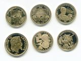 six different types of coins are shown on a white surface