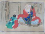 three pictures of a painting of a man and a woman sitting on a bench