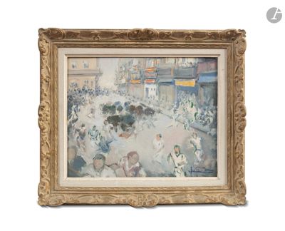 une image représentant un tableau montrant une foule dans une rue de la ville