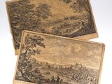 deux gravures anciennes représentant une vue d'une ville et d'une rivière