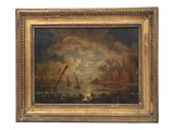 an oil painting of a boat in a body of water under a cloudy sky
