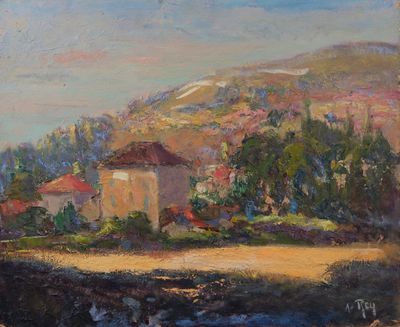 an oil painting of a house on a hill near a river