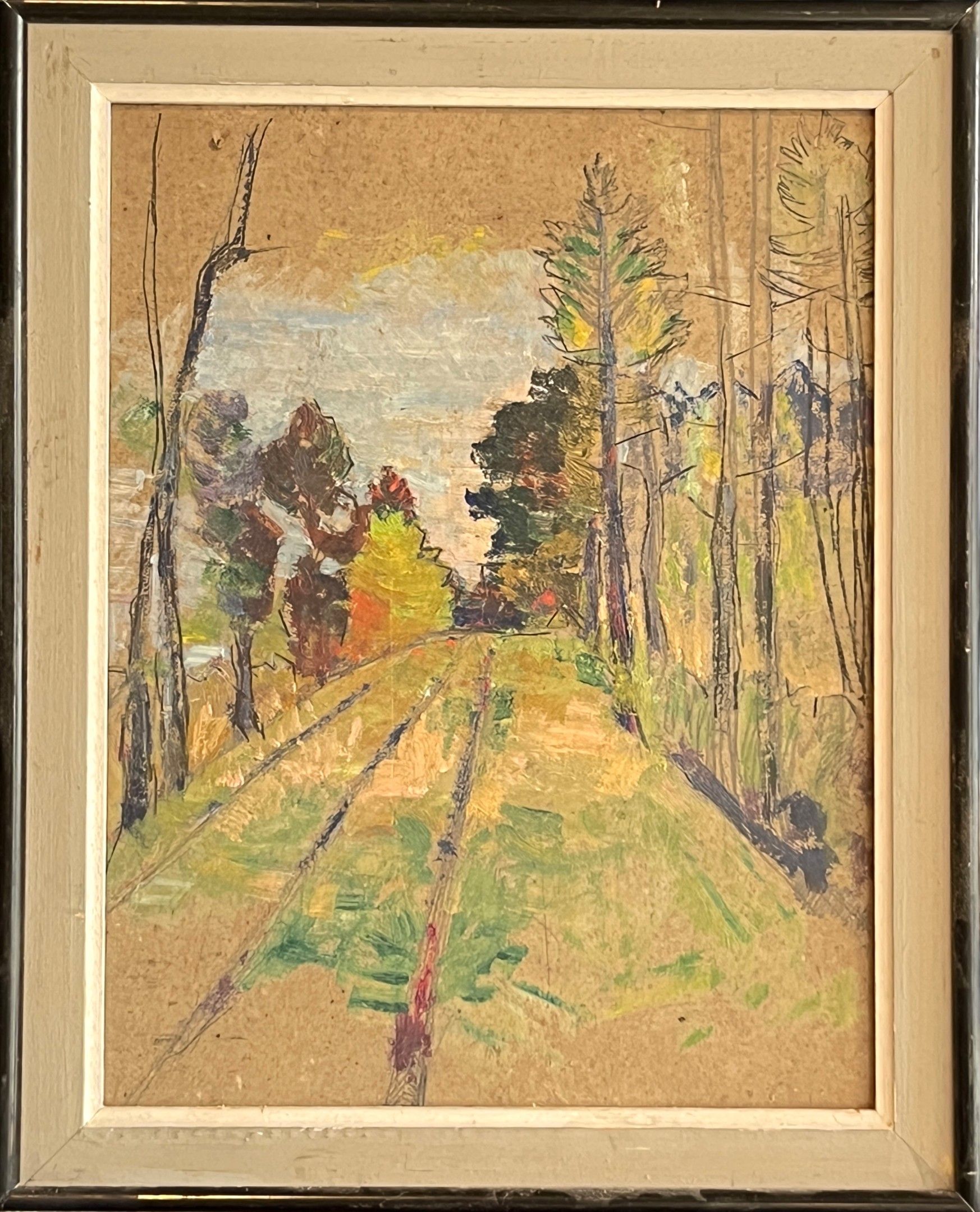 Ecole moderne. Chemin forestier. Esquisse à l'huile sur trait de crayon, carton. 34 x 26 cm.