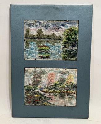 ELLIESCO (?) Paysages Paire de cuivres émaillés signées