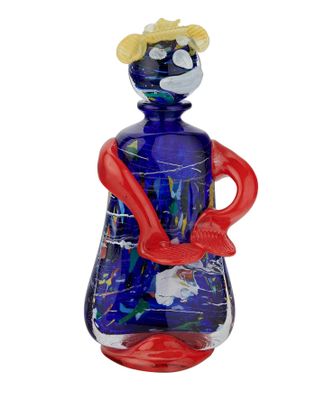 an image of a blue glass bottle with a red handle