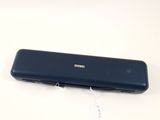 the back of a blue samsung phone with a plastic opening