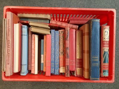 un panier rouge rempli de livres posé par terre