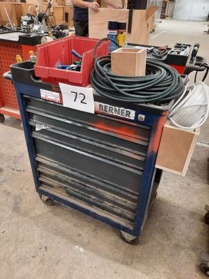 a man that is standing in a garage with a tool cart