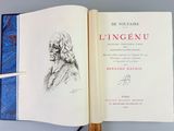 an open book with a drawing of a man on it