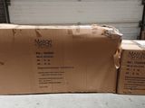 two boxes are stacked on top of each other in a garage