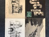 quatre cartes postales représentant différents types d'œuvres d'art sur un fond bleu