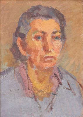 une peinture à l'huile représentant une femme vêtue d'une chemise bleue