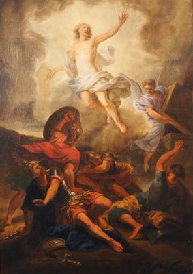 an image of a painting of jesus on the cross above a group of people