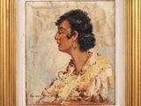 une peinture à l'huile représentant une femme en robe jaune