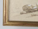 an image of a picture of a painting of a dog laying on the ground