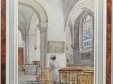 an image of a painting of a woman standing in a church