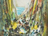 a painting of a group of people walking through a forest