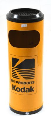 a yellow trash can with a black lid and a kodak logo on it