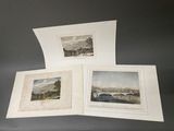 trois gravures représentant une rivière et un pont