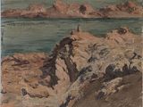 une image représentant une peinture d'une côte rocheuse avec un phare au loin
