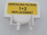 a white and yellow sign that says descaling filters and replacement
