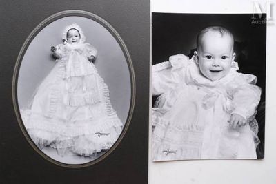 a black and white photo of a baby in a dress and a picture of a baby in a dress