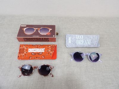 a pair of sunglasses, sunglasses case, and a pair of sunglasses