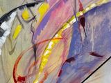 abstract painting of a woman on a horse with a red and yellow tail