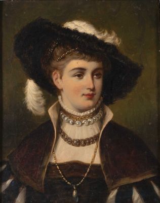 portrait d'une dame vêtue d'une robe noire et blanche et coiffée d'un grand chapeau