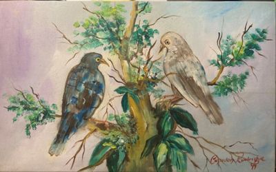 painting of two birds perched on a branch of a tree