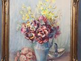 an oil painting of flowers in a vase on a table
