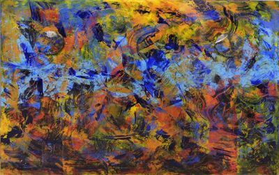 an abstract painting of blue and yellow flowers on a blue background