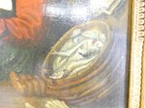 un tableau représentant un homme tenant un panier de poissons