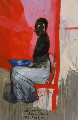 a painting of a woman sitting on a chair in front of a red wall