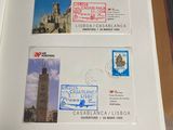 a picture of a book with stamps and a picture of a clock tower