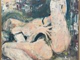 an oil painting of a nude woman laying on a bed