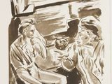 drawing of two men sitting at a table in front of a window