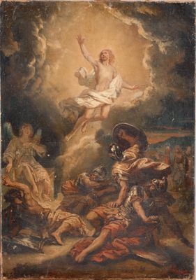 une image représentant un tableau où l'on voit un homme sur une croix entouré d'autres personnes