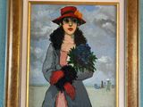 a painting of a woman holding a bouquet of flowers on the wall