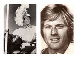 two black and white photos of a man in a costume and a woman in a costume