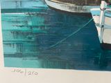 a painting of a boat tied up to a dock
