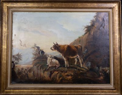 un tableau représentant une vache et quelques moutons sur une colline