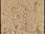 un vieux dessin représentant une ville recouverte d'une multitude de papiers