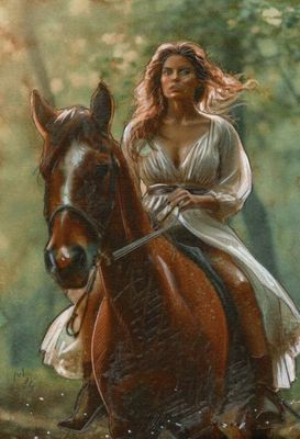 painting of a woman riding a horse in a wooded area