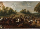 an image of a painting of a large group of people on horses