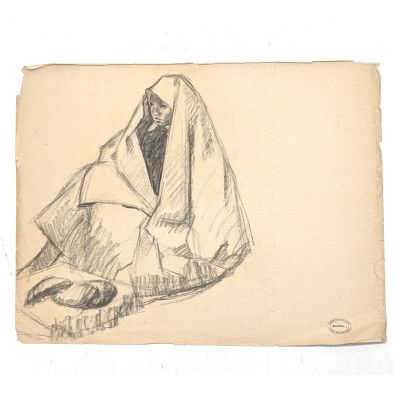 dessin au crayon représentant une femme enveloppée dans une couverture, assise par terre