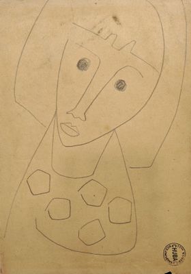 drawing of a woman with a hat and a scarf on a piece of paper