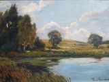 une peinture à l'huile représentant une rivière, avec des arbres et de l'herbe au premier plan